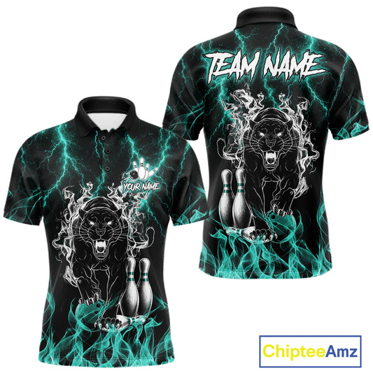 Turquoise flaming panther bowling polo shirt for men with custom bowling team graphics.