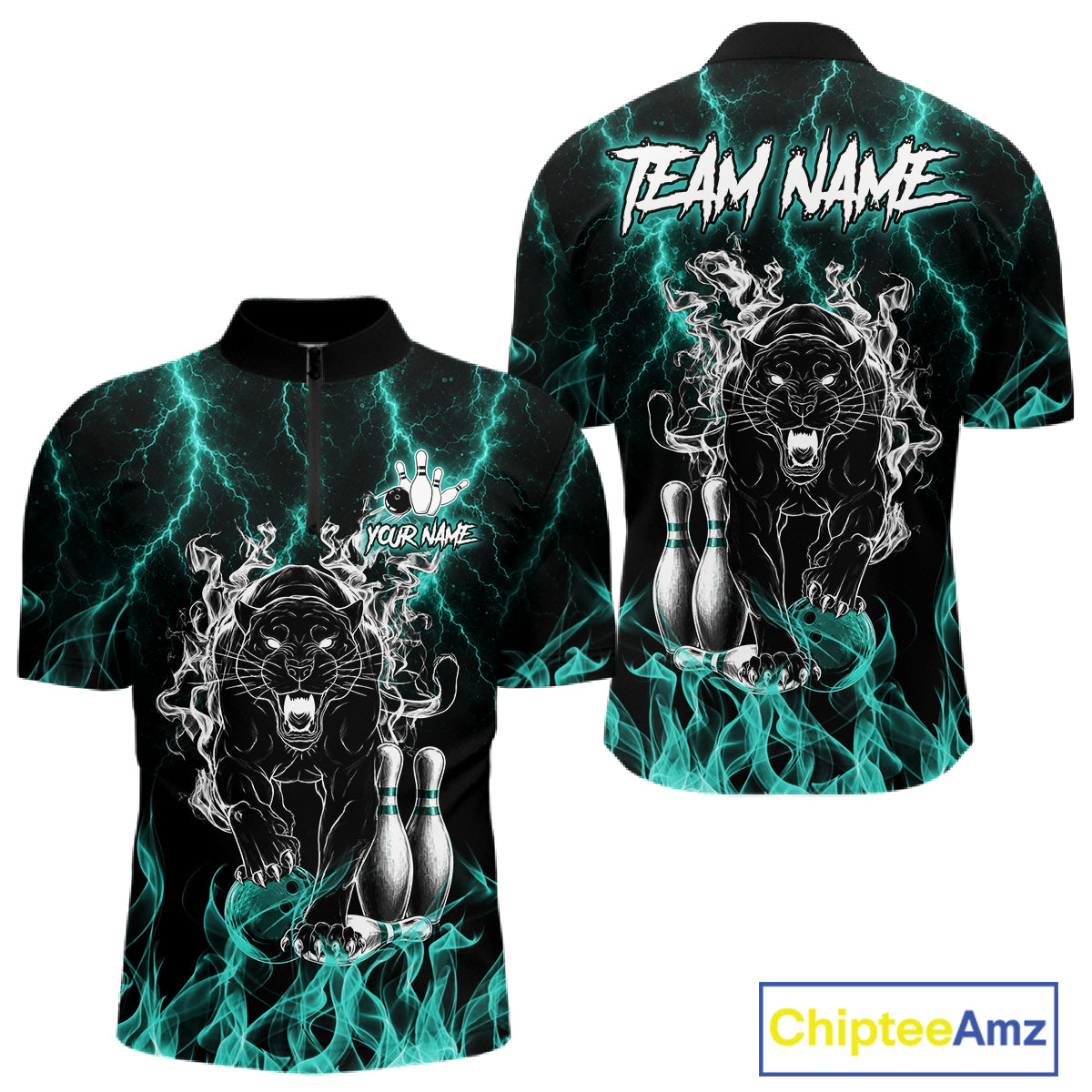 Turquoise flaming panther bowling quarter zip shirt for men designed for league tournaments and team events.