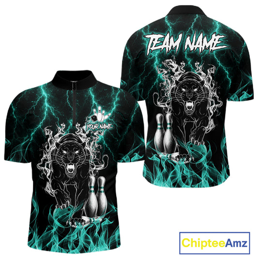 Turquoise flaming panther bowling quarter zip shirt for men designed for league tournaments and team events.