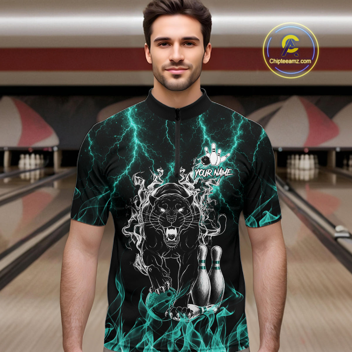 Man wearing a turquoise flaming panther bowling quarter zip jersey during league competition front view.