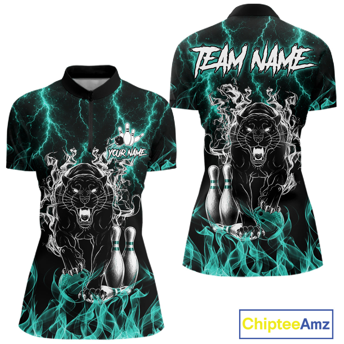 Turquoise flaming panther bowling quarter zip shirt for women designed for league tournaments and team events.