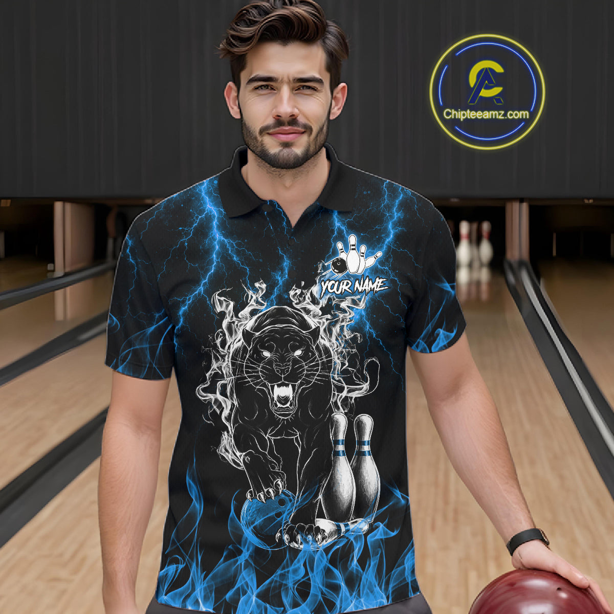 Man wearing a blue flaming panther bowling polo shirt at a bowling alley front view.