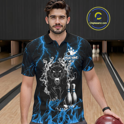 Man wearing a blue flaming panther bowling polo shirt at a bowling alley front view.