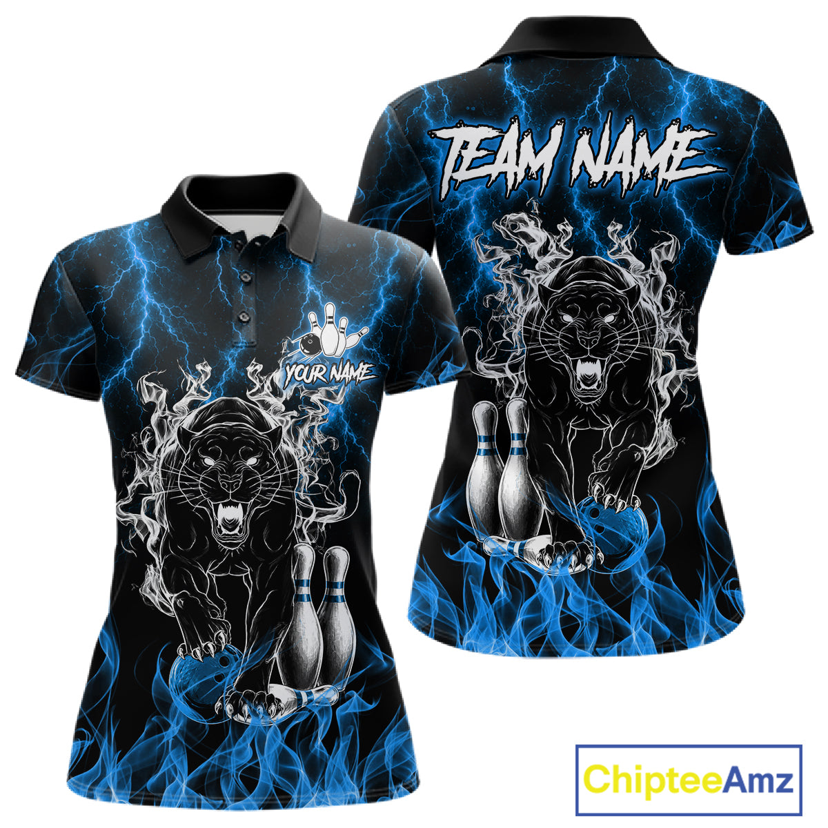 Blue flaming panther bowling polo shirt for women with custom bowling team graphics.
