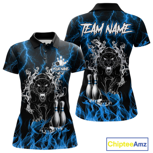 Blue flaming panther bowling polo shirt for women with custom bowling team graphics.