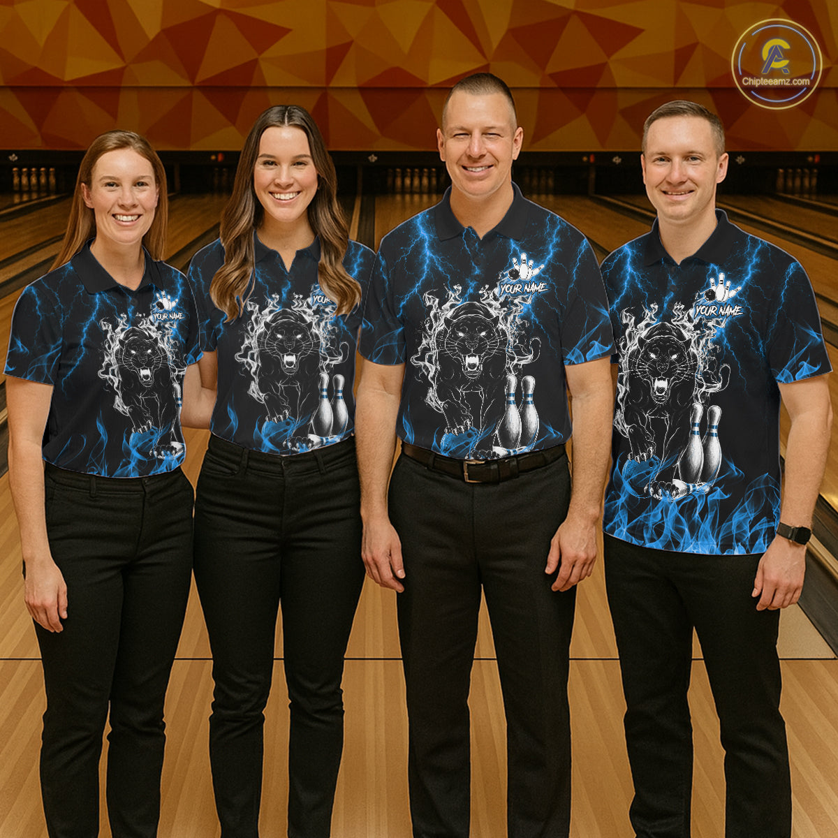 Bowling team wearing matching blue flaming panther bowling jerseys during league matches front view.