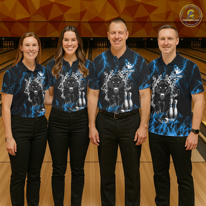 Bowling team wearing matching blue flaming panther bowling jerseys during league matches front view.