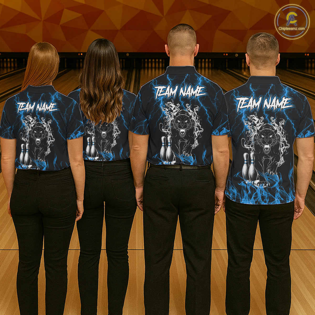 Back view of bowling team wearing matching blue panther bowling shirts in a bowling alley.