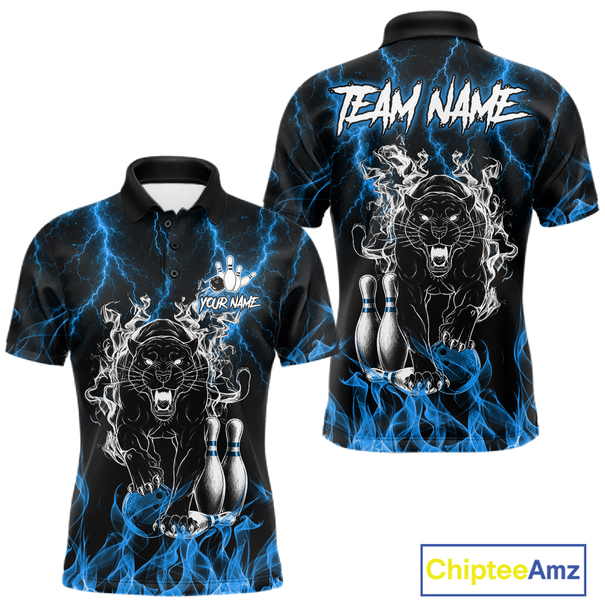 Blue flaming panther bowling polo shirt for men with custom bowling team graphics.