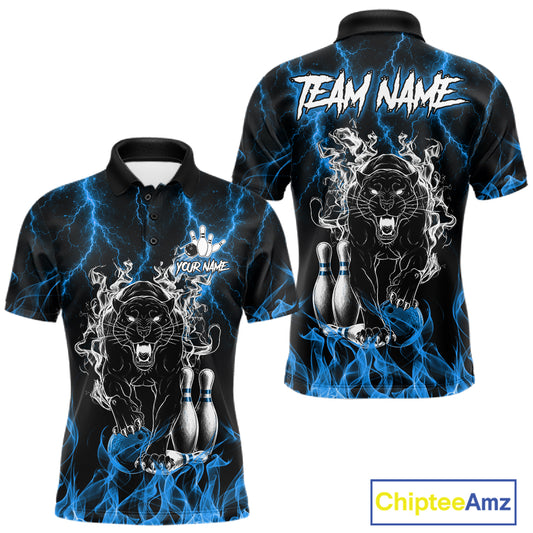 Blue flaming panther bowling polo shirt for men with custom bowling team graphics.