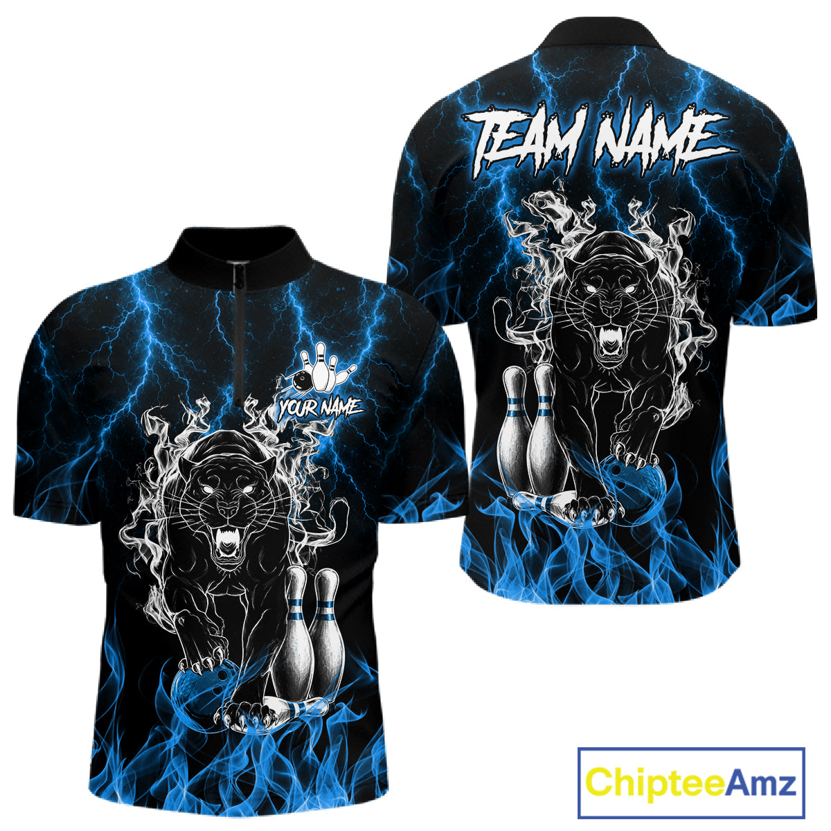 Blue flaming panther bowling quarter zip shirt for men designed for league tournaments and team events.