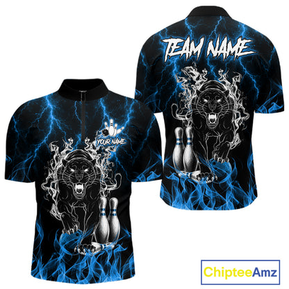 Blue flaming panther bowling quarter zip shirt for men designed for league tournaments and team events.