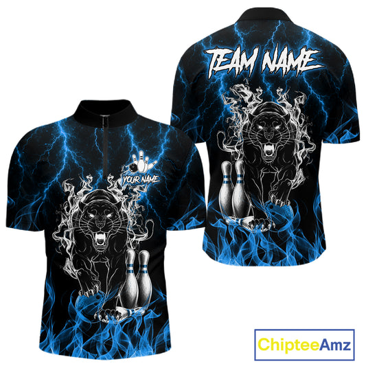 Blue flaming panther bowling quarter zip shirt for men designed for league tournaments and team events.