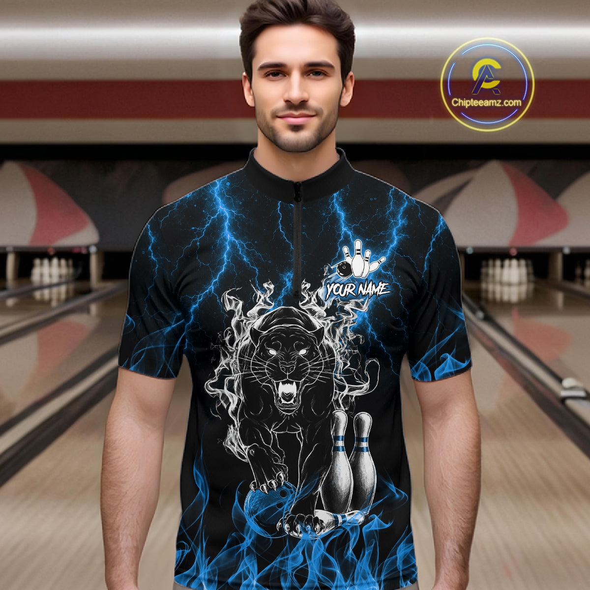 Man wearing a blue flaming panther bowling quarter zip jersey during league competition front view.