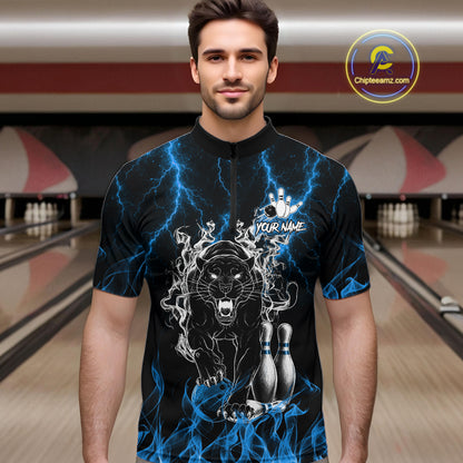 Man wearing a blue flaming panther bowling quarter zip jersey during league competition front view.