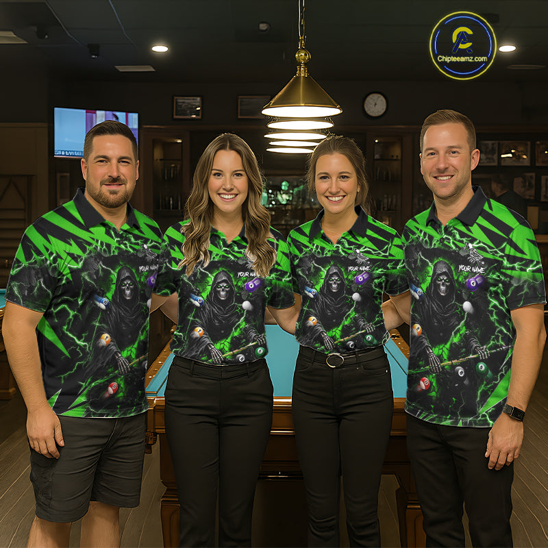 Man wearing green Grim Reaper lightning 8 ball pool billiard team jersey quarter zip shirt, front view.
