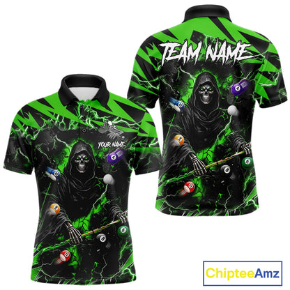 Green Grim Reaper lightning 8 ball pool billiard team jersey polo shirt for men featuring a fierce Grim Reaper and green lightning artwork, premium custom pool team apparel.