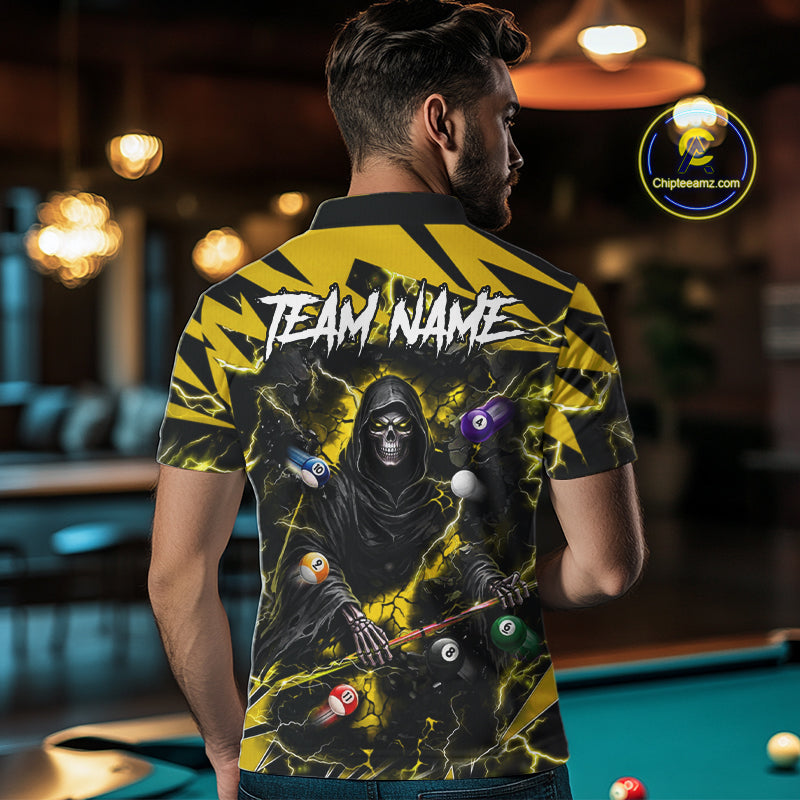Man wearing yellow Grim Reaper lightning 8 ball pool billiard team jersey polo shirt, back view.