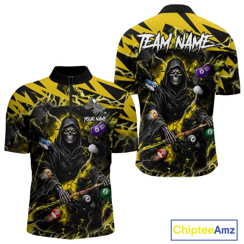 Yellow Grim Reaper lightning 8 ball pool billiard team jersey quarter zip shirt for men featuring yellow lightning Grim Reaper graphics, premium custom billiard apparel.