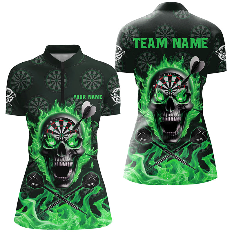 Green Darts Skull Fire Flame Custom Women Darts Shirts, 3D Darts Jersey Short Sleeve For Team TDM2518