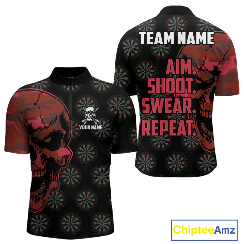 Funny Red Camo Darts Skull Aim Shoot Swear Repeat Custom Dart Shirts For Men, Darts Team Jersey TDM4797