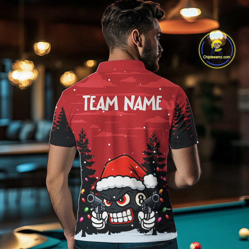 Personalized Red Christmas Santa 8 Ball Pool Billiard Shirts For Men, Funny Xmas Billiard Jerseys TDM5221