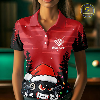 Personalized Red Christmas Santa 8 Ball Pool Billiard Shirts For Women, Funny Xmas Billiard Jerseys TDM5221