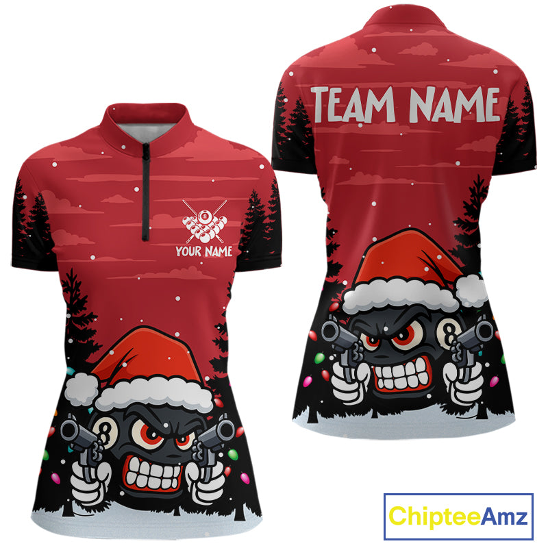 Personalized Red Christmas Santa 8 Ball Pool Billiard Shirts For Women, Funny Xmas Billiard Jerseys TDM5221