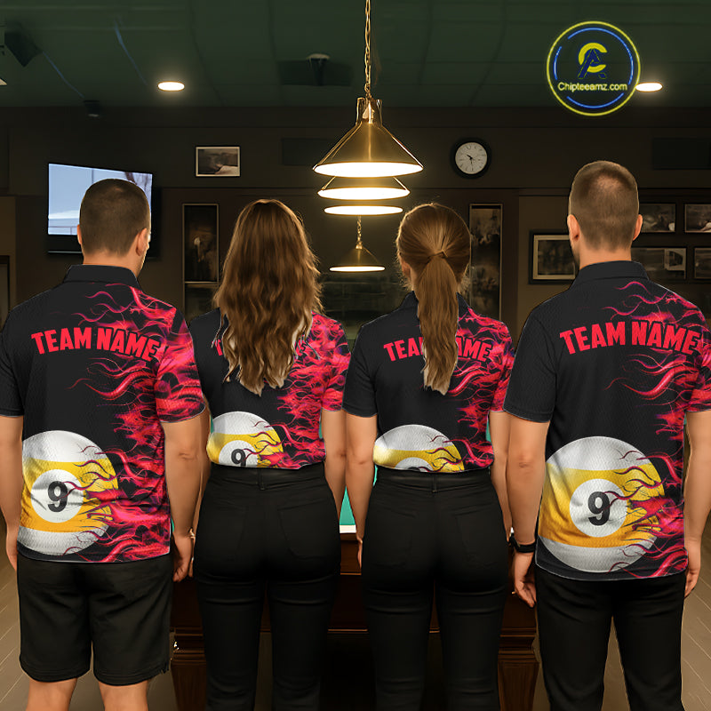 Red Flaming 8 Ball & 9 Ball Billiard Shirt For Men Custom Pool Team Jersey Polo & Quarter Zip TDM5481