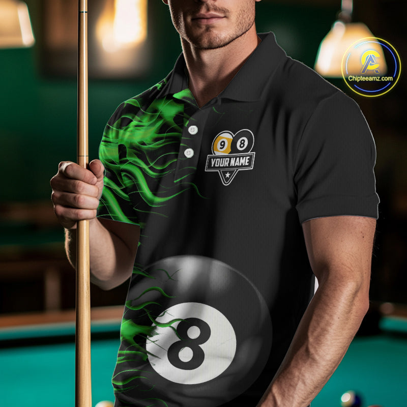 Green Flaming 8 Ball & 9 Ball Billiard Shirt For Men Custom Pool Team Jersey Polo & 1/4 Zip TDM5482