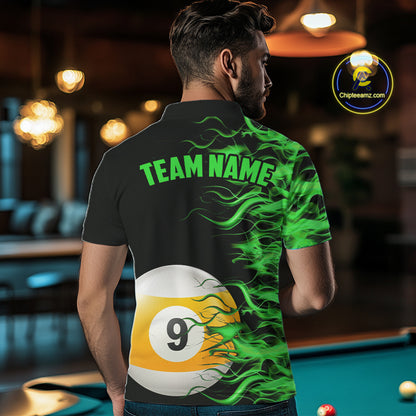 Green Flaming 8 Ball & 9 Ball Billiard Shirt For Men Custom Pool Team Jersey Polo & 1/4 Zip TDM5482