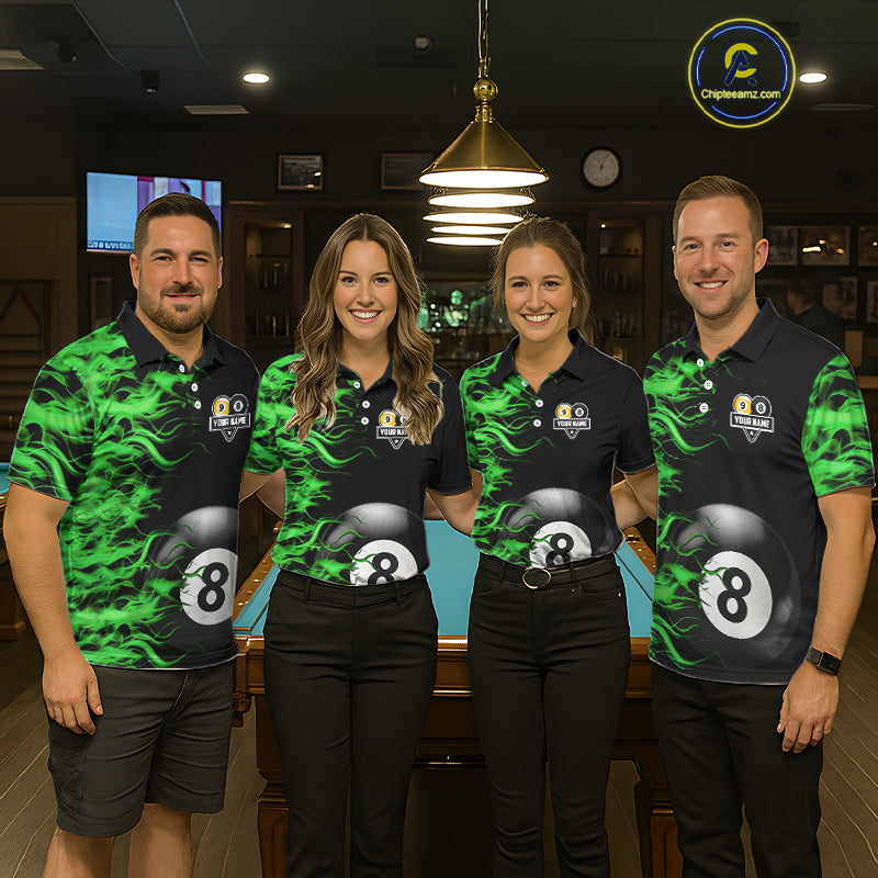 Green Flaming 8 Ball & 9 Ball Billiard Shirt For Men Custom Pool Team Jersey Polo & 1/4 Zip TDM5482