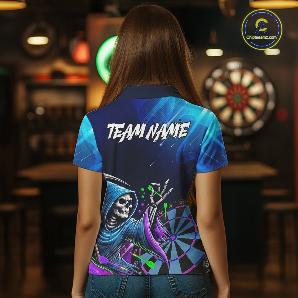 Funny Grim Reaper Blue Purple Galaxy Dart Shirts With Pocket Option For Women TDM5490