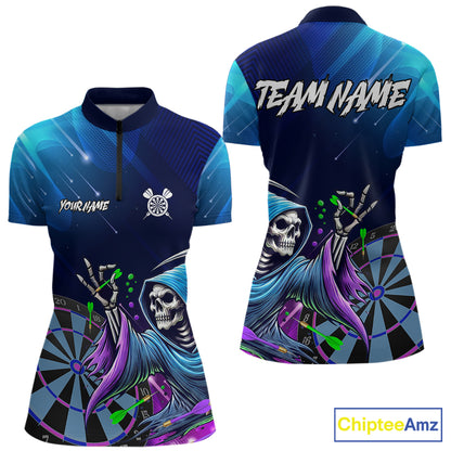 Funny Grim Reaper Blue Purple Galaxy Dart Shirts With Pocket Option For Women TDM5490
