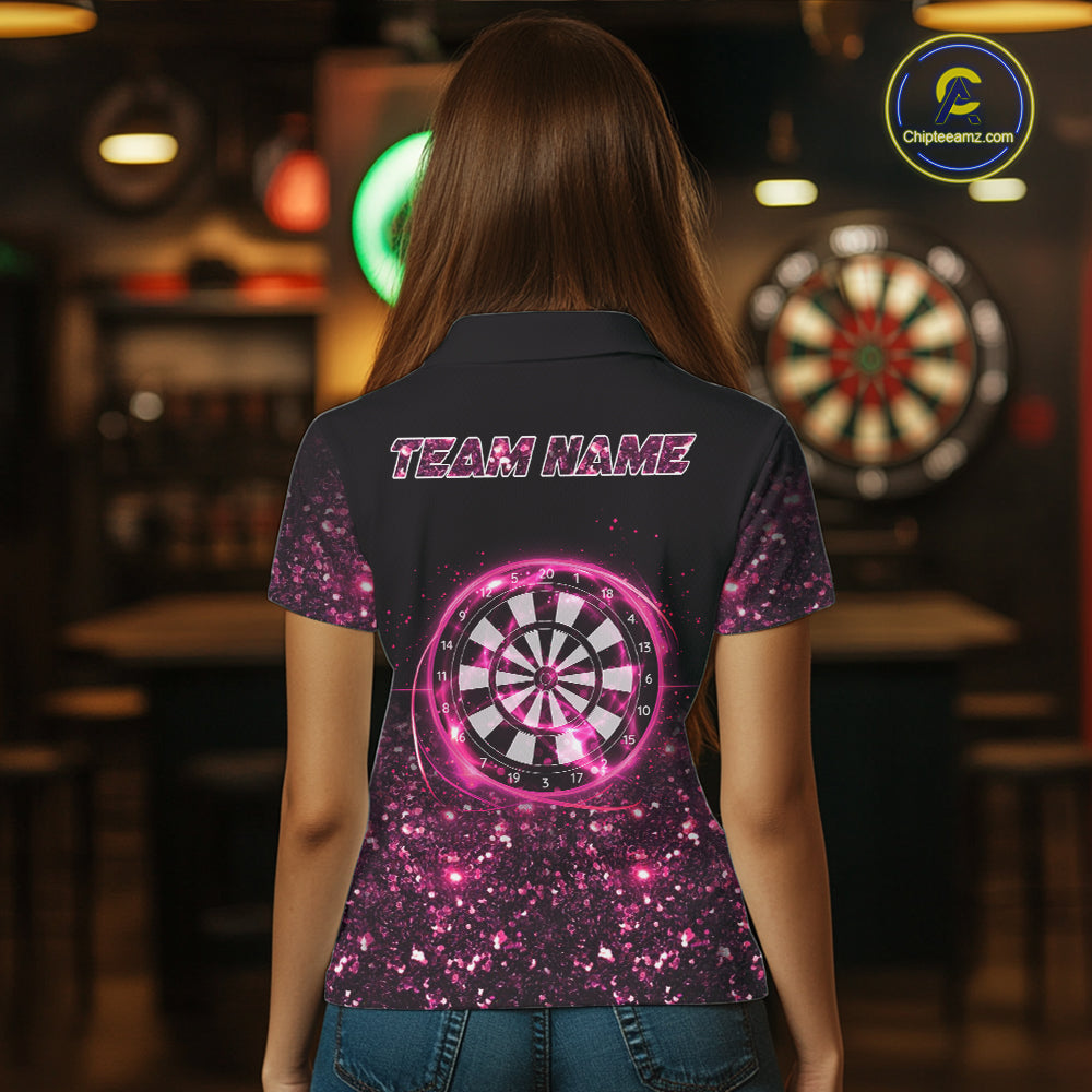 Pink And Black Custom Light Darts Polo & Quarter Zip For Women, Darts Jersey Team Outfit TDM5946