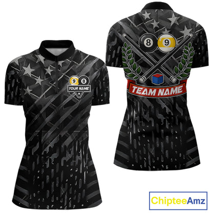 Black US Flag 8 Ball & 9 Ball Pool Billiard Shirt For Women Custom Billiard Team Jersey Polo, 1/4 Zip TDM6533