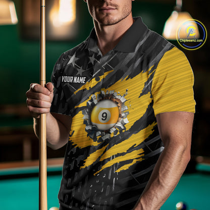 Yellow Black American Flag 9 Ball Pool Men's Billiard Shirt Custom Billiard Jersey Polo, 1/4 Zip TDM6534