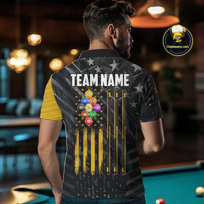 Yellow Black American Flag 9 Ball Pool Men's Billiard Shirt Custom Billiard Jersey Polo, 1/4 Zip TDM6534