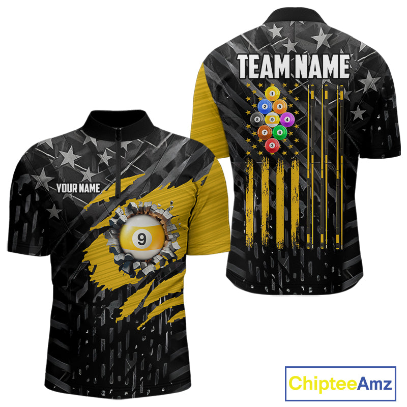 Yellow Black American Flag 9 Ball Pool Men's Billiard Shirt Custom Billiard Jersey Polo, 1/4 Zip TDM6534