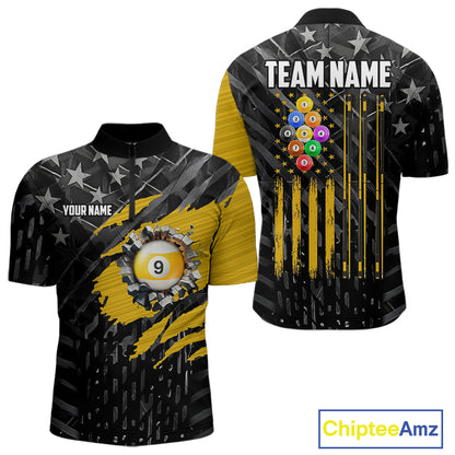 Yellow Black American Flag 9 Ball Pool Men's Billiard Shirt Custom Billiard Jersey Polo, 1/4 Zip TDM6534