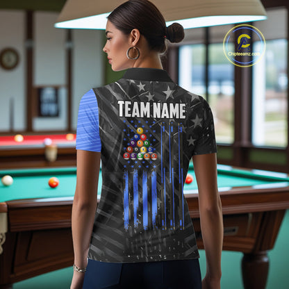 Black American Flag 8 Ball Billiard Shirt For Women Custom Billiard Team Jersey Polo & 1/4 Zip |Blue TDM6536
