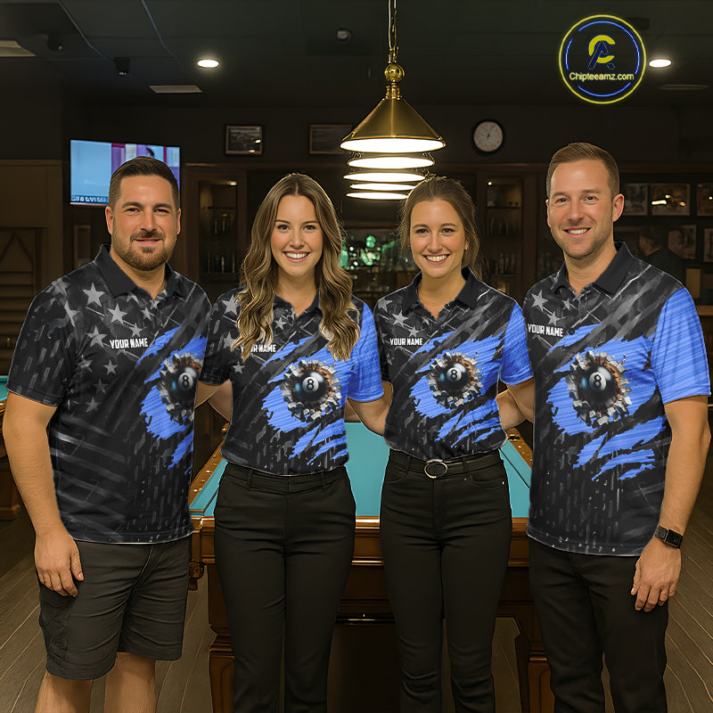 Black American Flag 8 Ball Billiard Shirt For Women Custom Billiard Team Jersey Polo & 1/4 Zip |Blue TDM6536