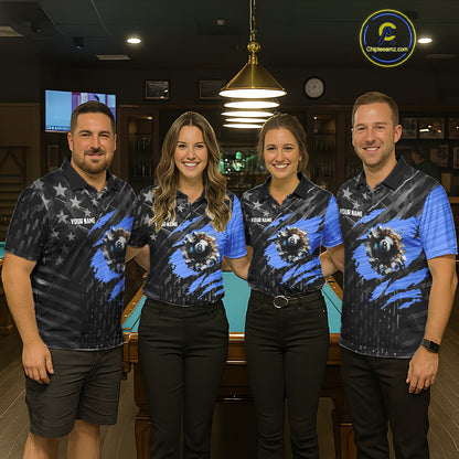 Black American Flag 8 Ball Billiard Shirt For Women Custom Billiard Team Jersey Polo & 1/4 Zip |Blue TDM6536