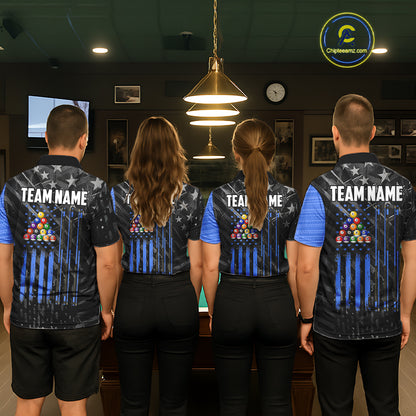 Black American Flag 8 Ball Billiard Shirt For Women Custom Billiard Team Jersey Polo & 1/4 Zip |Blue TDM6536