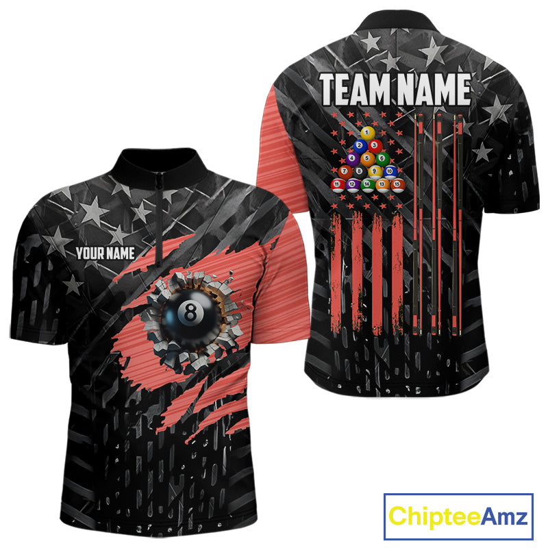 Black American Flag 8 Ball Billiard Shirt For Men Custom Billiard Team Jersey Polo & 1/4 Zip |Red TDM6537