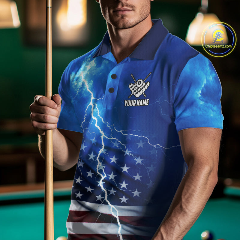 Blue Lightning American Flag Eagle Billiard Shirts For Men Custom 8 Ball Pool Jersey Polo, 1/4 Zip TDM6538