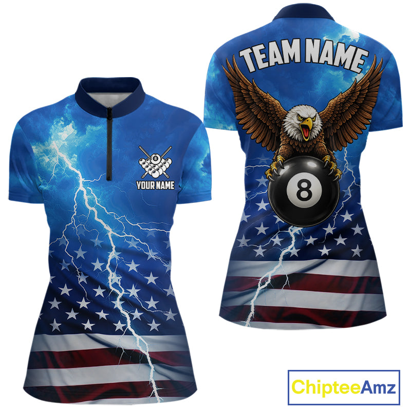 Blue Lightning American Flag Eagle Billiard Shirts For Women Custom 8 Ball Pool Jersey Polo, 1/4 Zip TDM6538