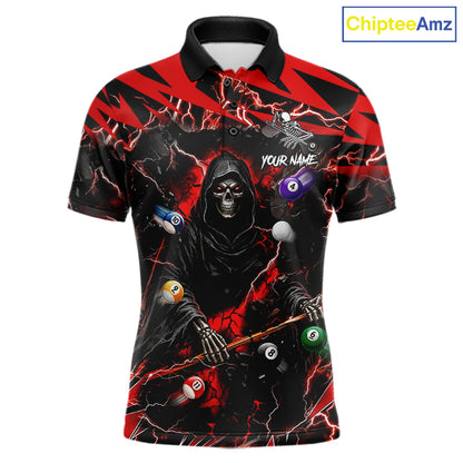 Red grim reaper lightning 8 ball billiard polo shirt for men with custom pool team graphics.