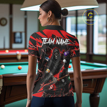 Load image into Gallery viewer, Back view of woman wearing a red grim reaper lightning 8 ball pool shirt in a billiards hall.