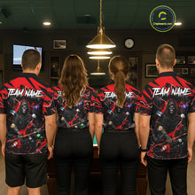 Load image into Gallery viewer, Back view of pool players wearing matching red grim reaper billiard shirts in a game room.